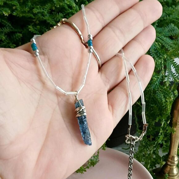 Dainty Kyanite Crystal Beaded Choker Necklace, Adjustable Choker, 14-17" - Picture 2 of 3